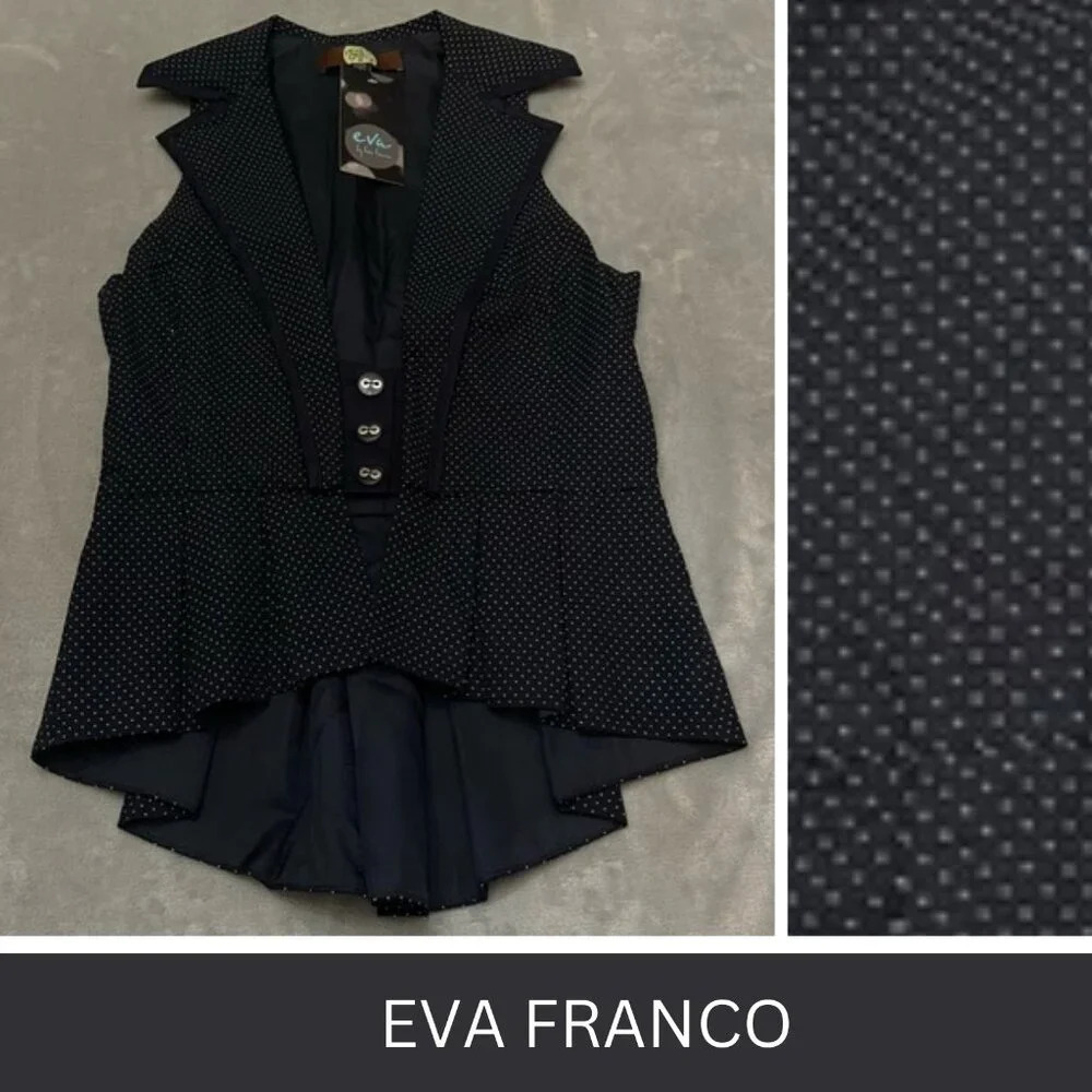 New! Eva Franco Dark Blue White Dot Pleated Peplum top - 27307